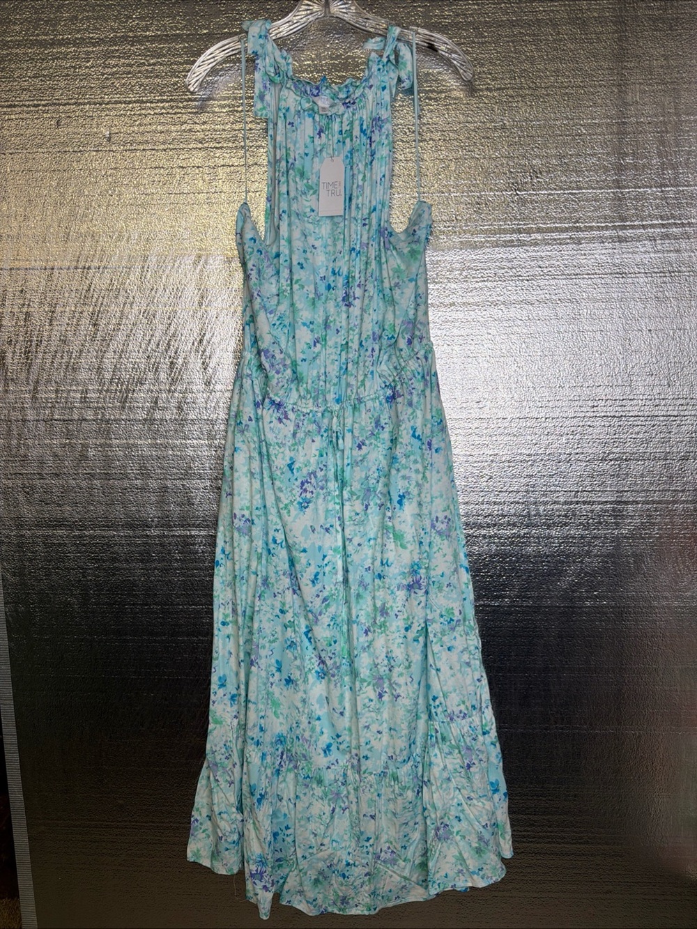 Time and Tru Aqua and Blue Floral Maxi Dress with Pockets